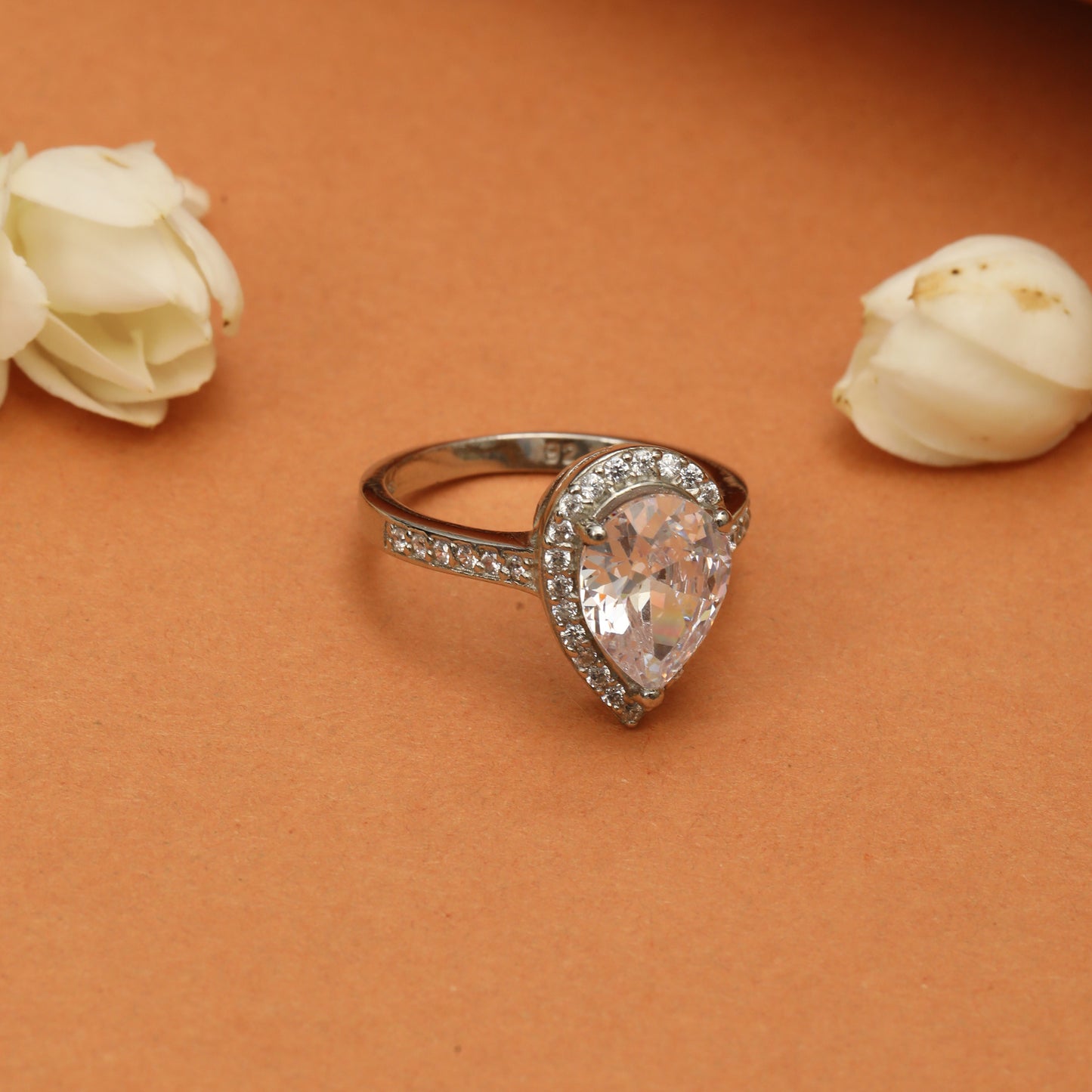 925 Sterling Silver Pear-Shaped Halo Ring with Cubic Zirconia for Women I Hotilal Jewellers