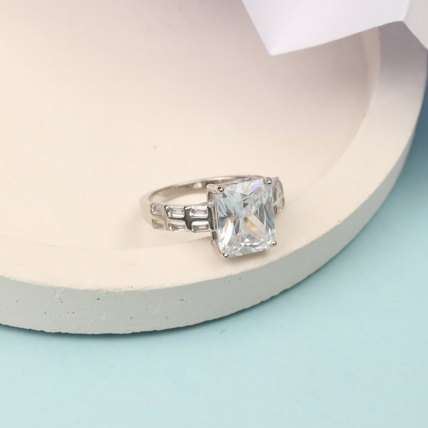 925 Sterling Silver Cushion Cut Solitaire Ring with Baguette Side Stones for Women | Statement CZ Diamond Look Ring