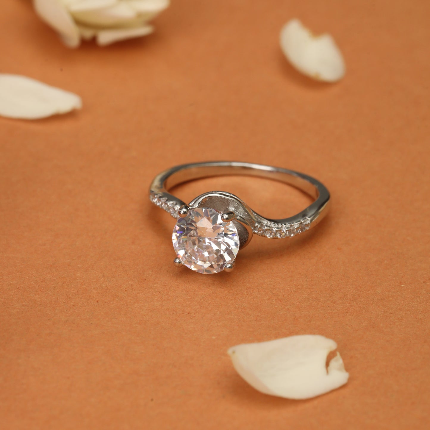 Elegant Solitaire Crystal Ring with Side Accents | Silver-Toned Engagement Ring for Women