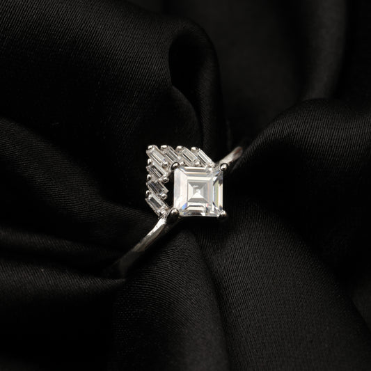 925 Sterling Silver Princess Cut White Stone Ring for Women | Elegant Baguette Accent Designer Ring