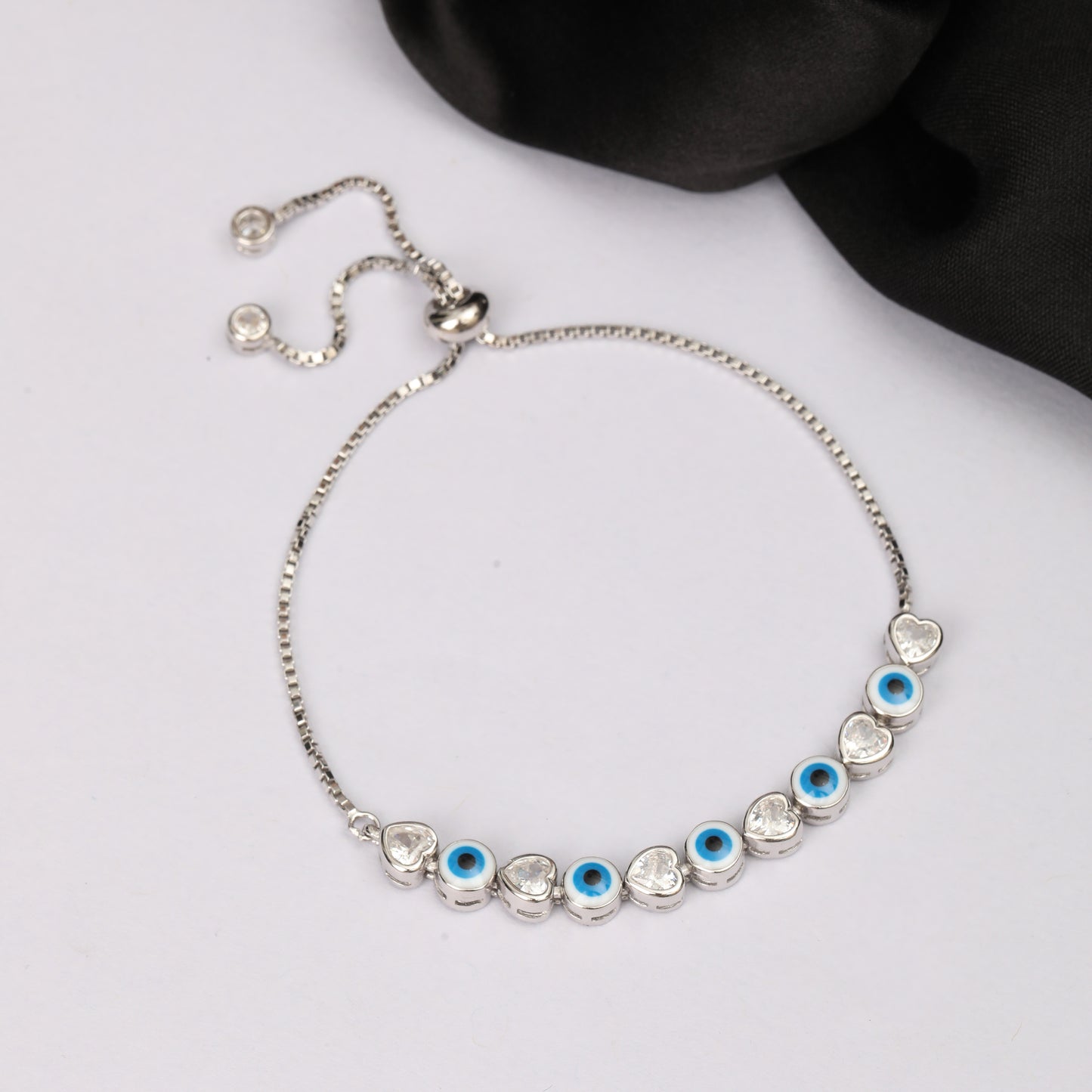 925 Sterling Silver Evil Eye & Heart CZ Adjustable Bracelet for Women & Girls | Blue Eye Protection Charm Bracelet