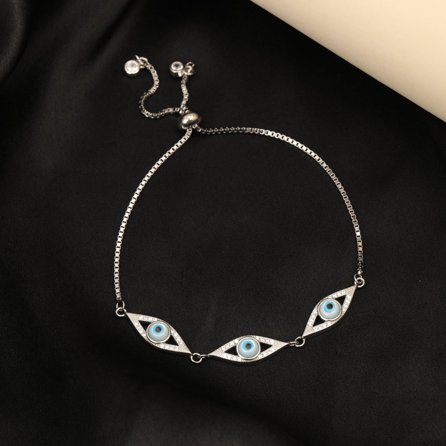 925 Sterling Silver Evil Eye Adjustable Bracelet with Blue CZ Stones for Women & Girls | Protection Charm Bracelet