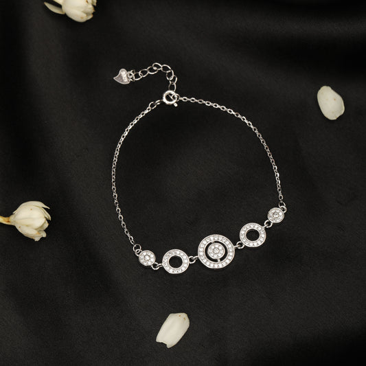 925 Sterling Silver Circle Charm Bracelet with Cubic Zirconia | Adjustable Chain Bracelet for Women | Elegant Minimal Design