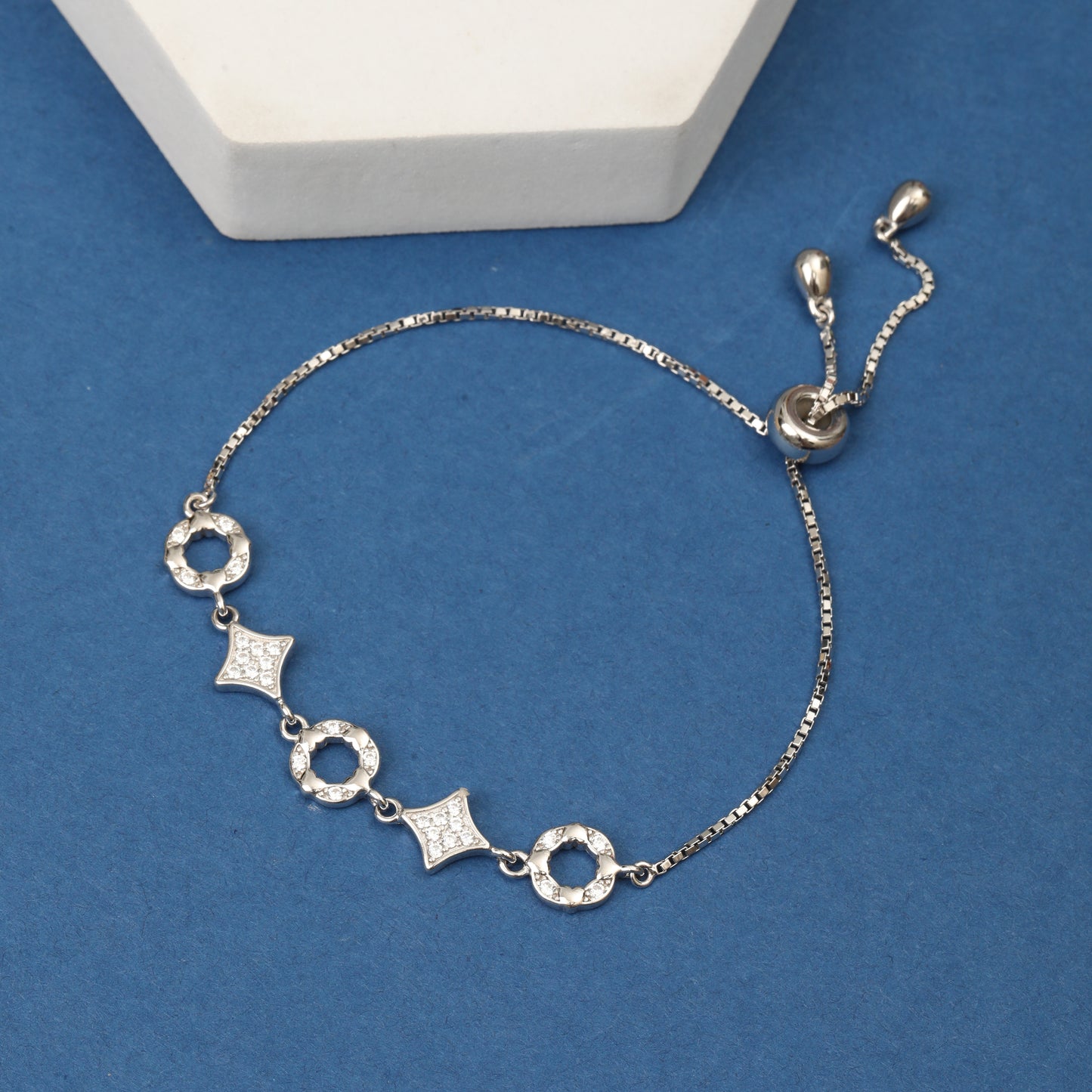 925 Sterling Silver Adjustable Bracelet with Cubic Zirconia Geometric Charms | Elegant Slider Bracelet for Women