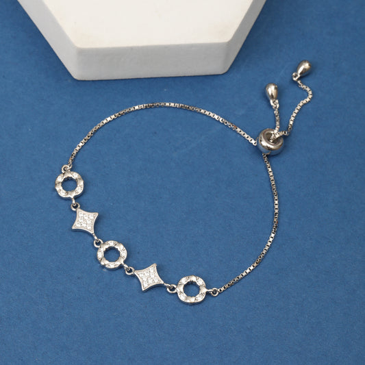 925 Sterling Silver Adjustable Bracelet with Cubic Zirconia Geometric Charms | Elegant Slider Bracelet for Women
