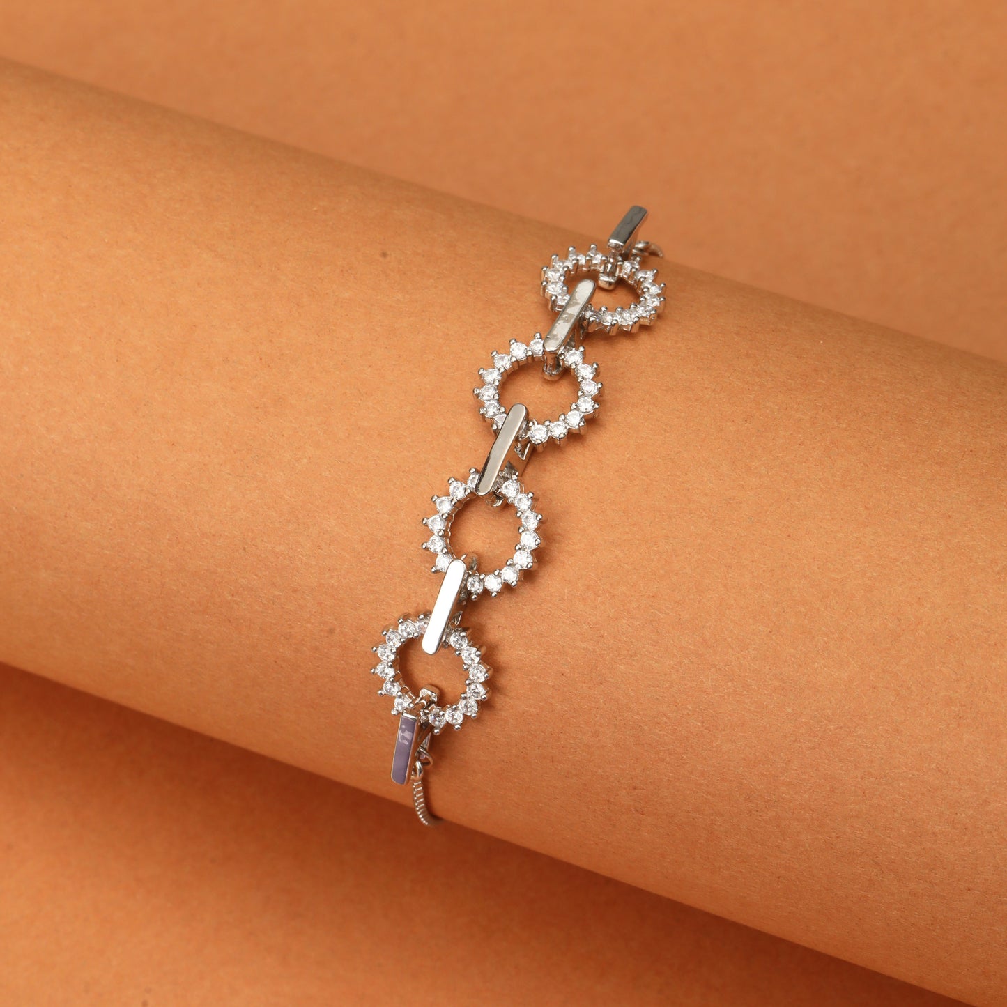 Sterling Silver Adjustable Bracelet with Circular CZ Diamond Design for Women & Girls