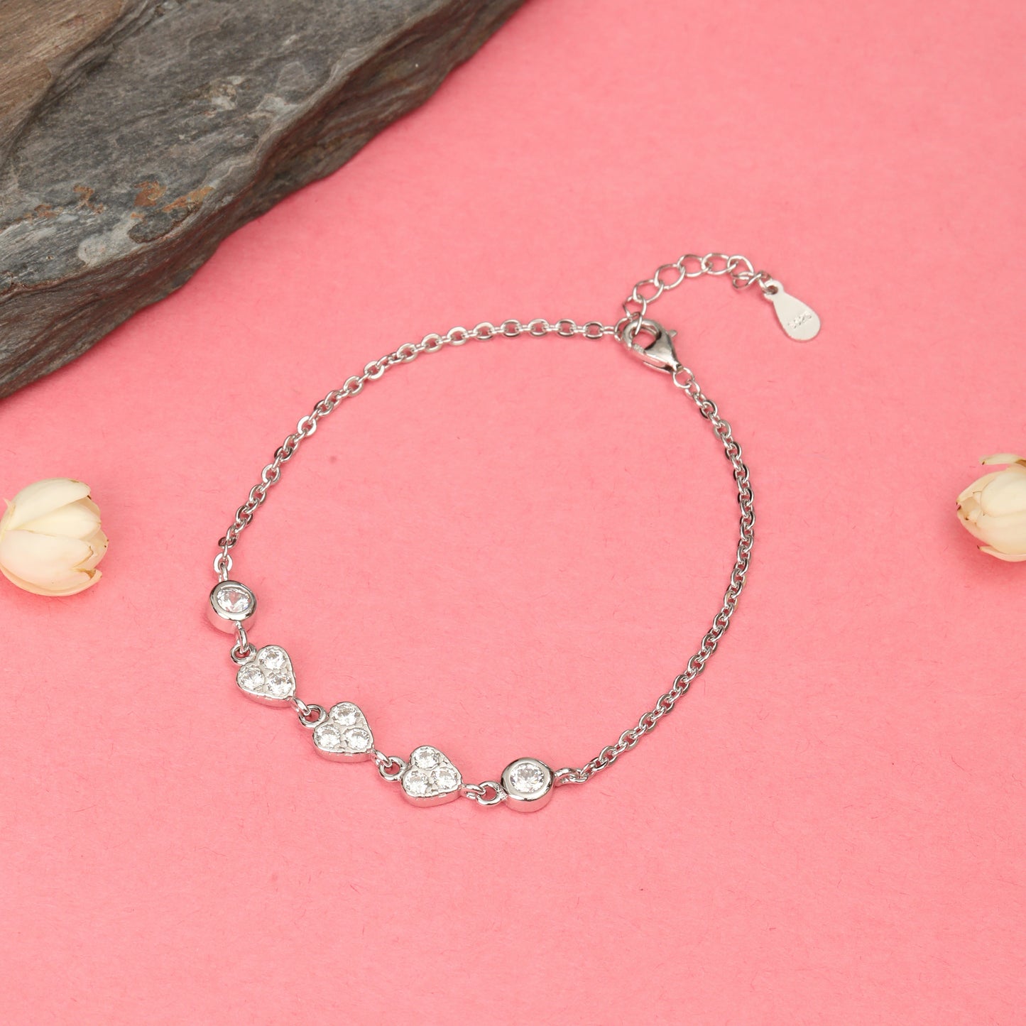 925 Sterling Silver Heart Charm Bracelet with Cubic Zirconia for Women & Girls
