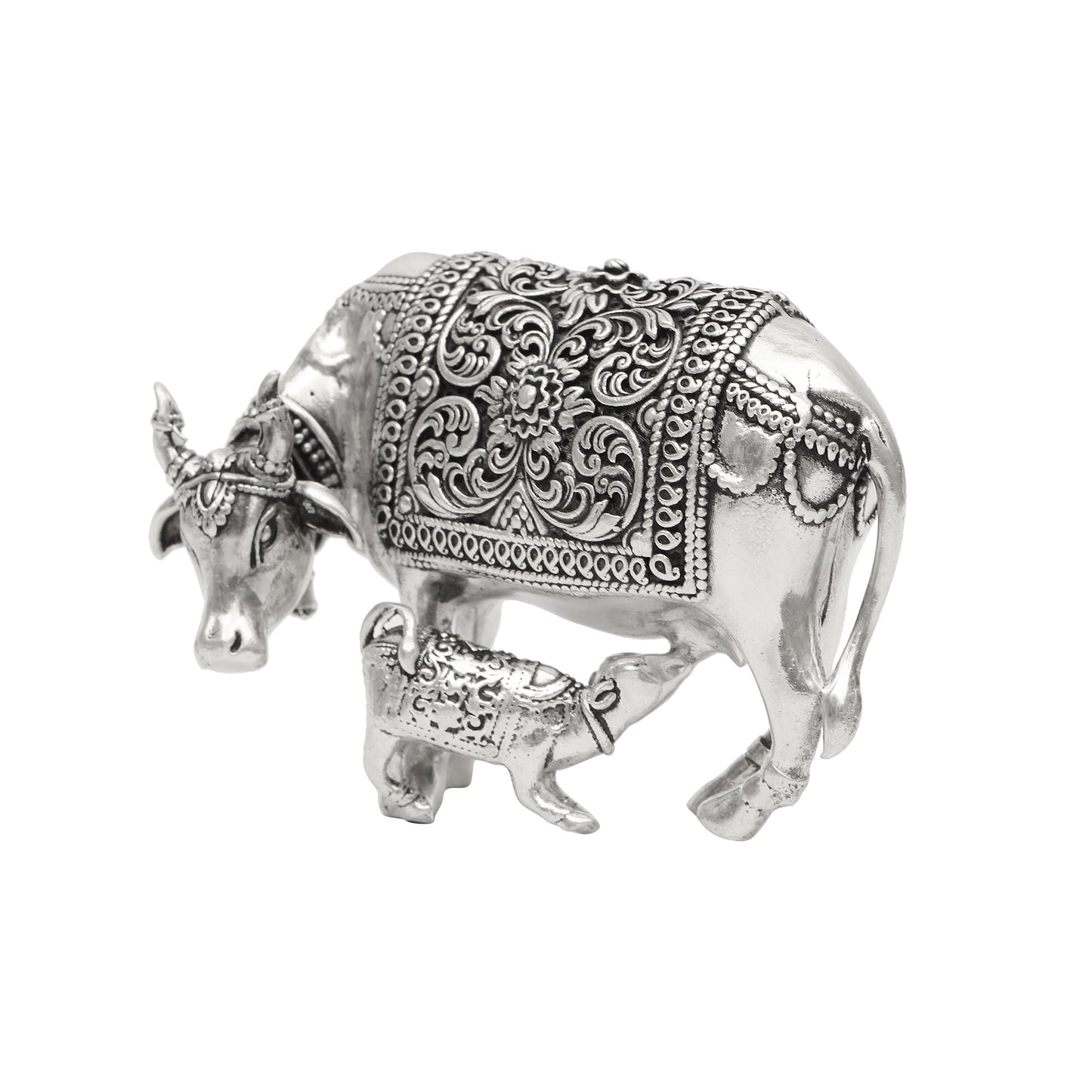 Pure Silver Cow and Calf Idol | Kamdhenu Gau Mata Murti | Decorative & Spiritual Figurine for Home मंदिर Decor