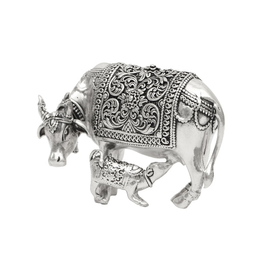 Pure Silver Cow and Calf Idol | Kamdhenu Gau Mata Murti | Decorative & Spiritual Figurine for Home मंदिर Decor