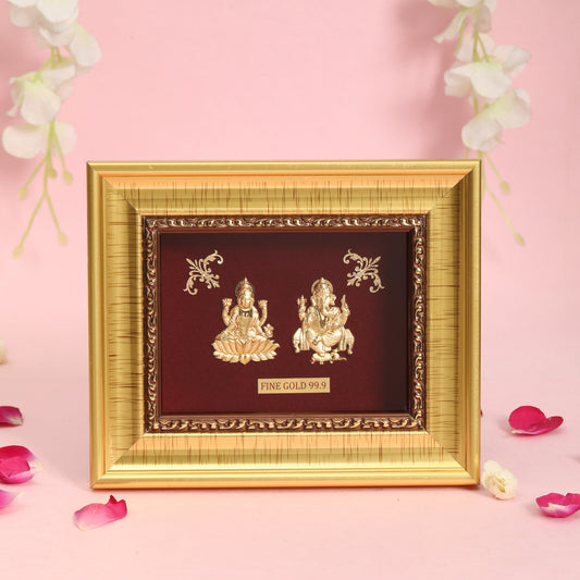 24K Gold Foil Lakshmi Ganesh Frame (99.9 Fine Gold) | Decorative Photo Frame for Home मंदिर Décor | Gift for Diwali, Wedding, Housewarming