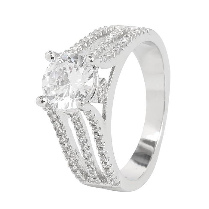 925 Sterling Silver Solitaire Ring with Cubic Zirconia | Multi-Row Pavé Band Engagement Ring for Women