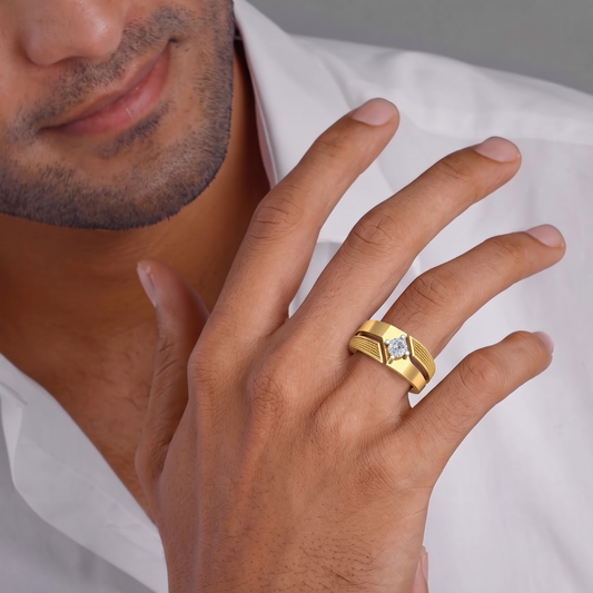 Men's Textured Two-Tone Gold Ring with Brilliant Solitaire