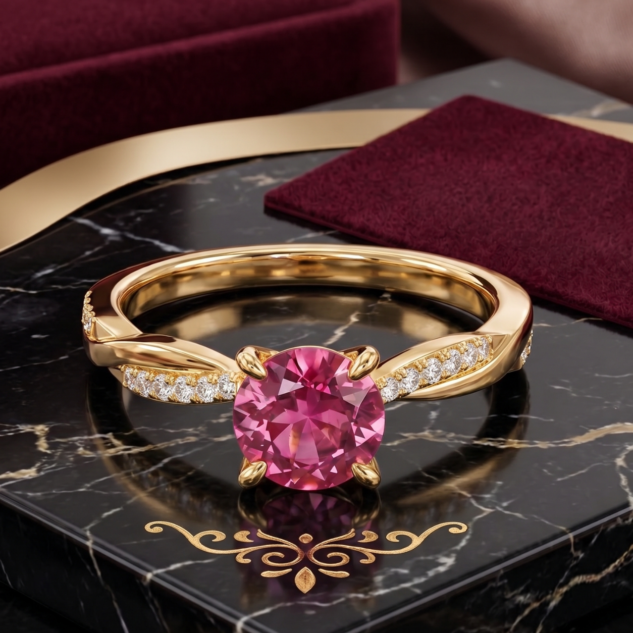 Ruby Pink Solitaire Twist Gold Ring