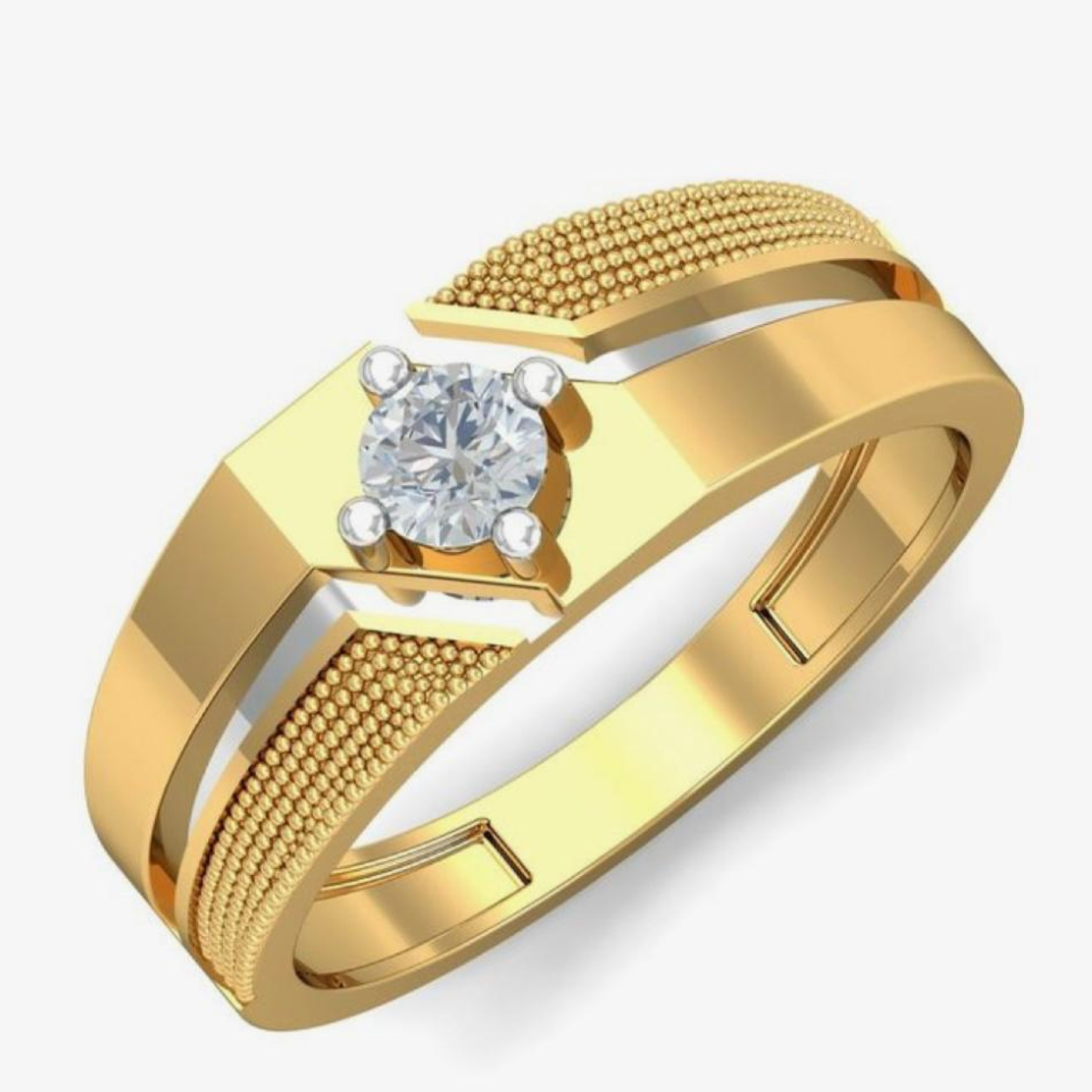 Men's Textured Two-Tone Gold Ring with Brilliant Solitaire