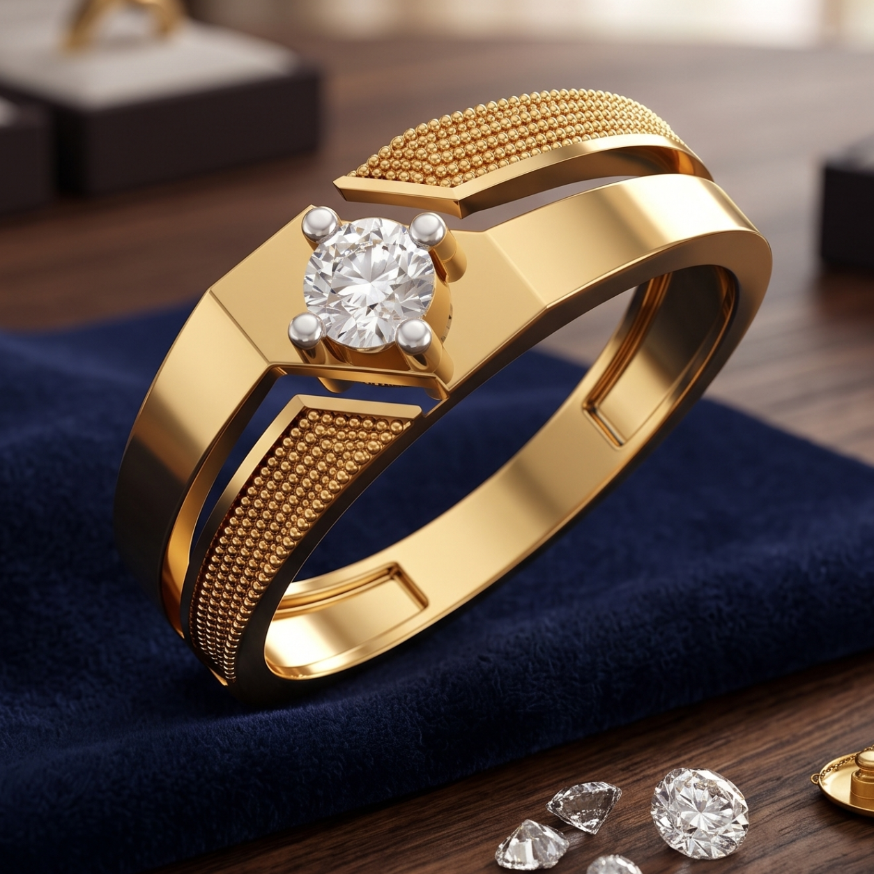 Men's Textured Two-Tone Gold Ring with Brilliant Solitaire