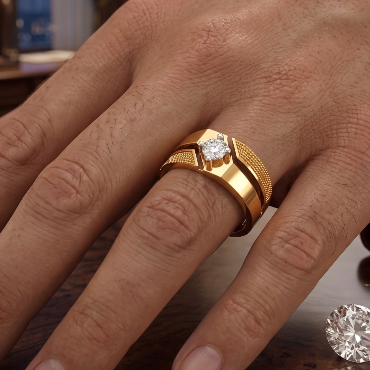 Men's Textured Two-Tone Gold Ring with Brilliant Solitaire