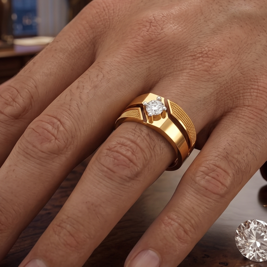 Men's Textured Two-Tone Gold Ring with Brilliant Solitaire
