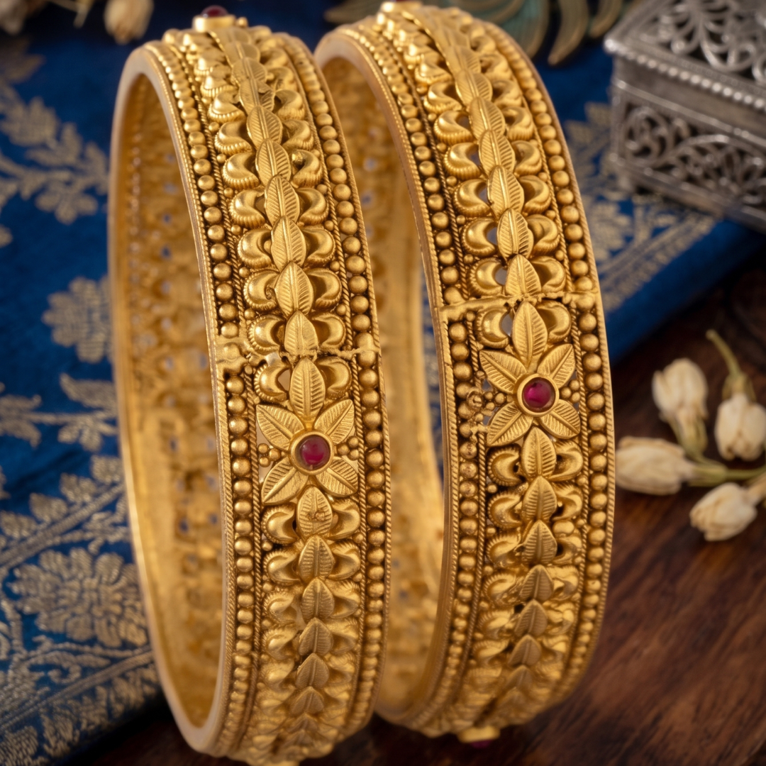 Antique Gold Floral Kada Bangles