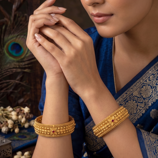 Antique Gold Floral Kada Bangles