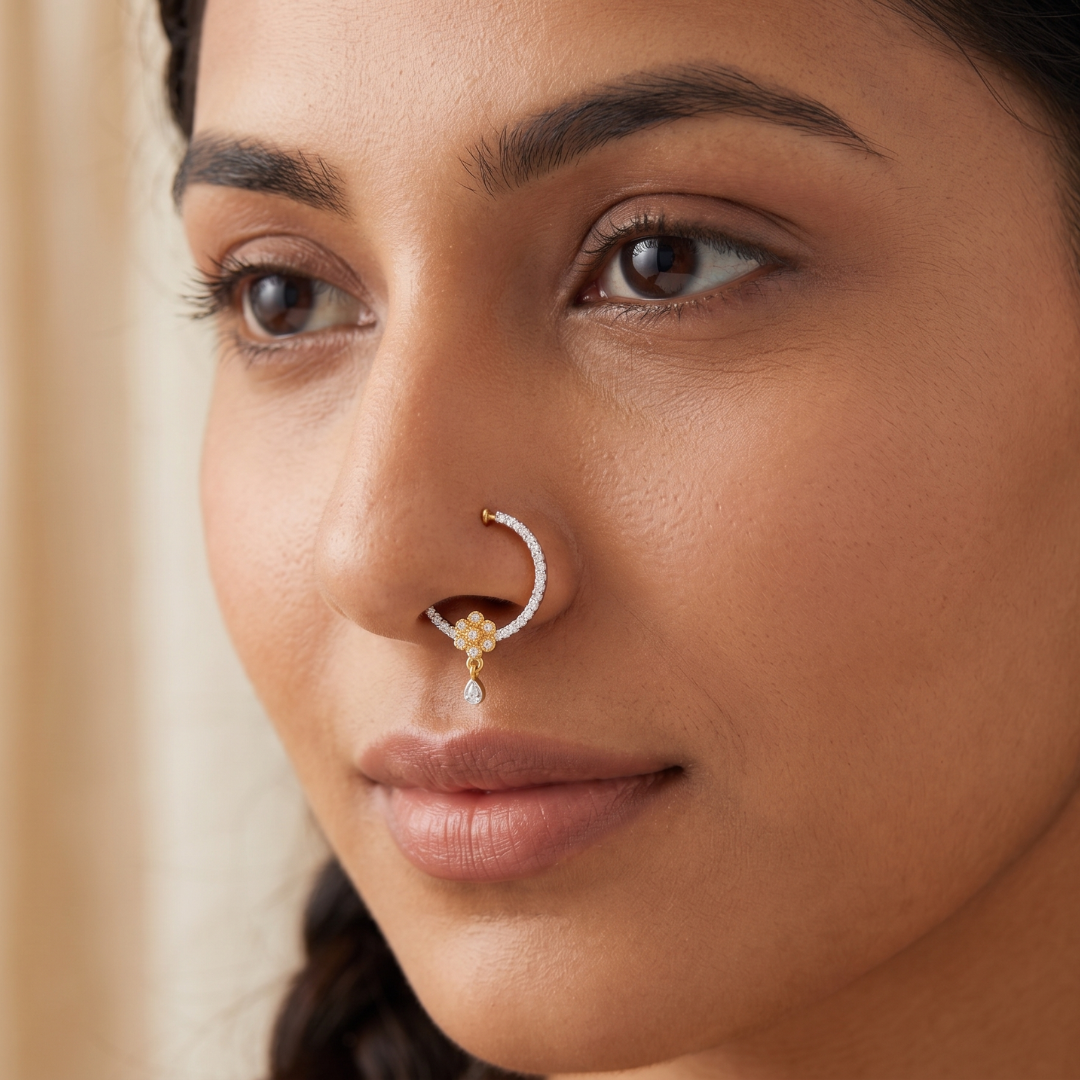 Diamond Hoop Nath with Pear Drop