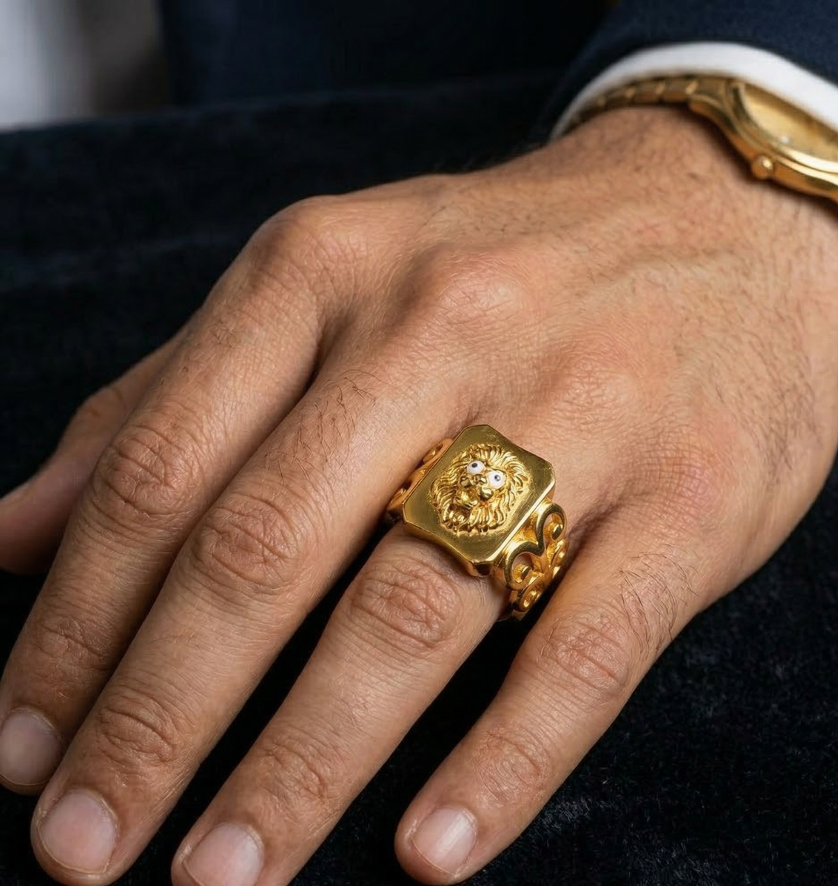 Gold Lion Head Signet Ring