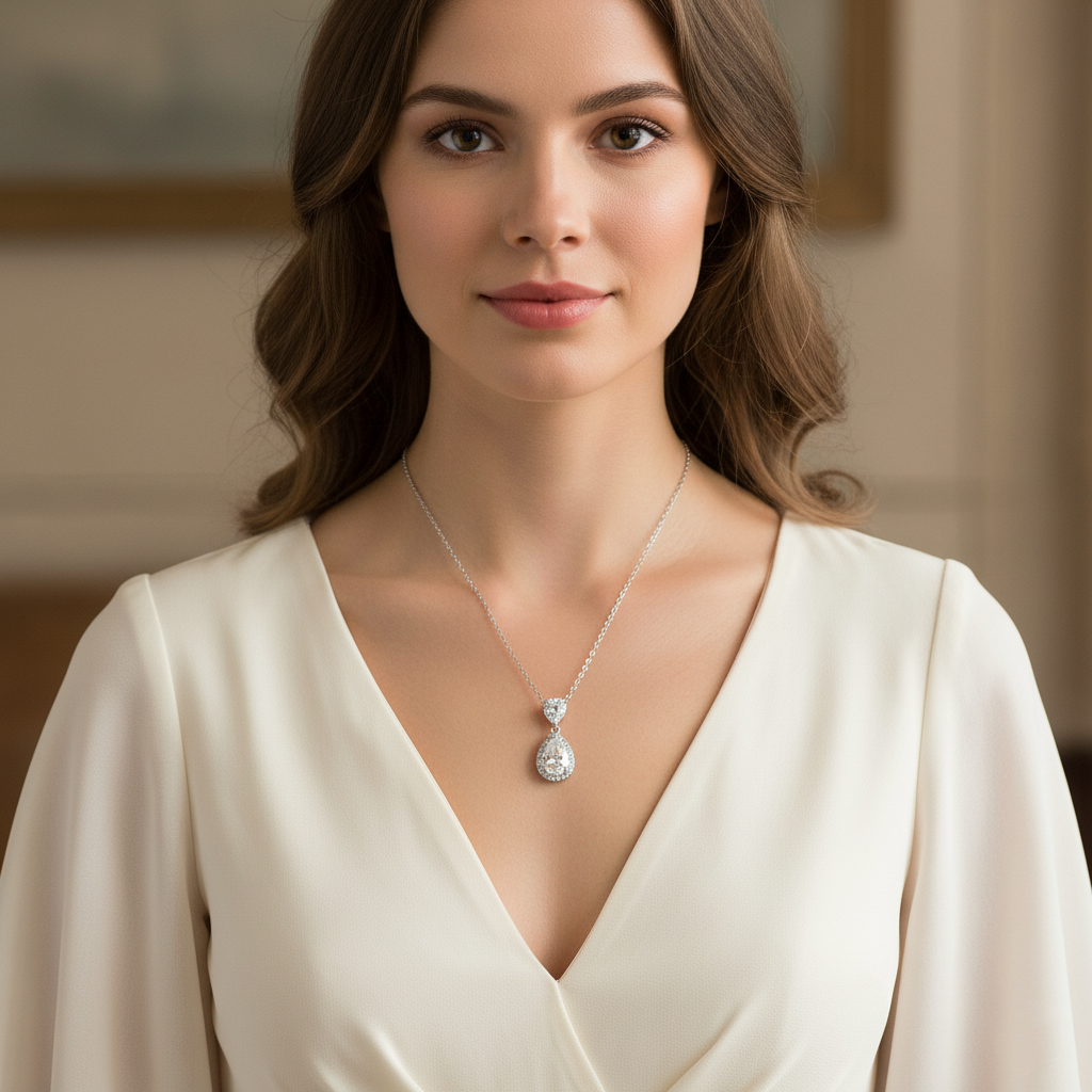 Sterling Silver Teardrop Pendant Necklace with Sparkling Stones for Women